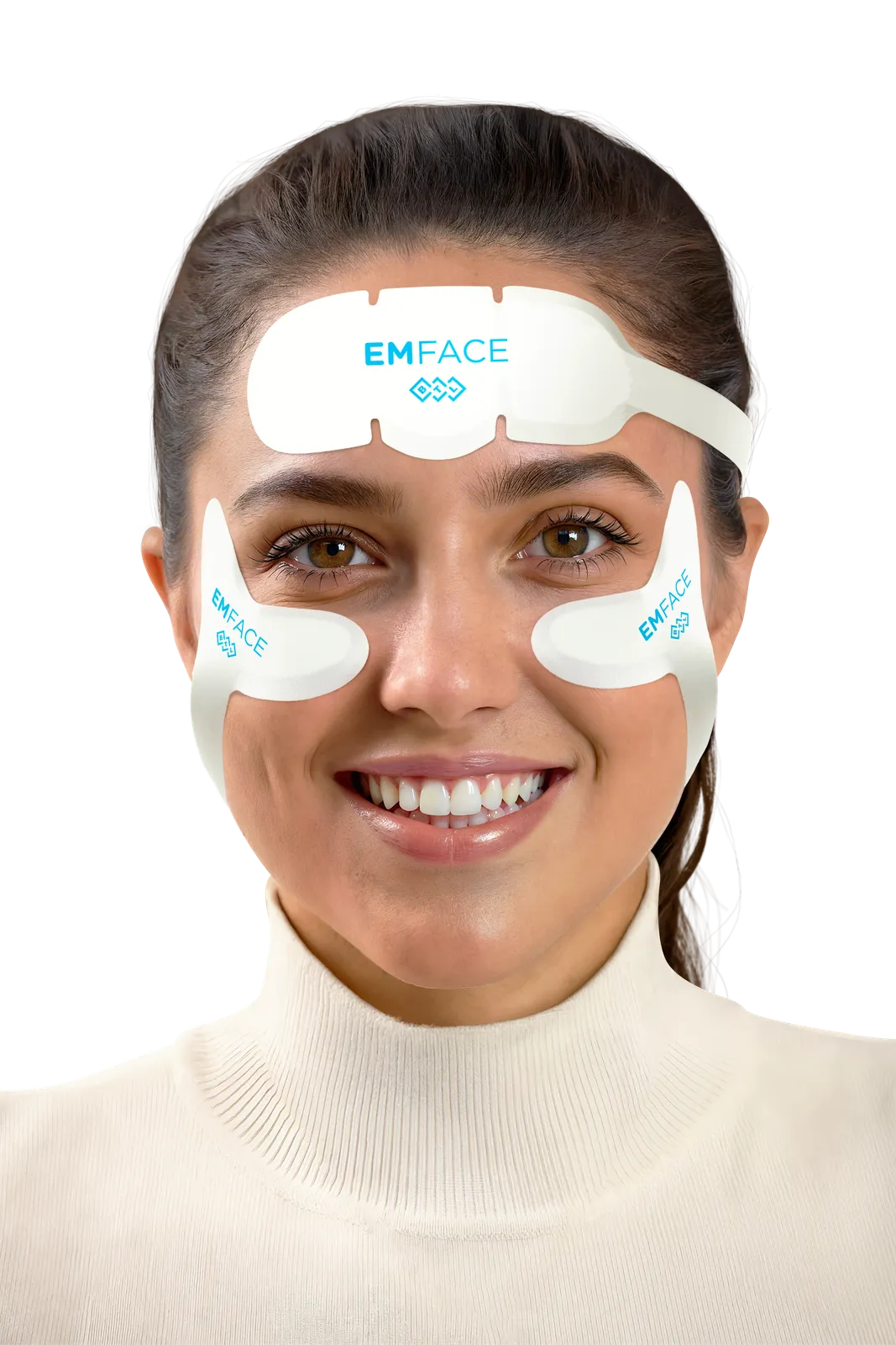 Model wearing EMFACE applicators on the forehead and under the eyes