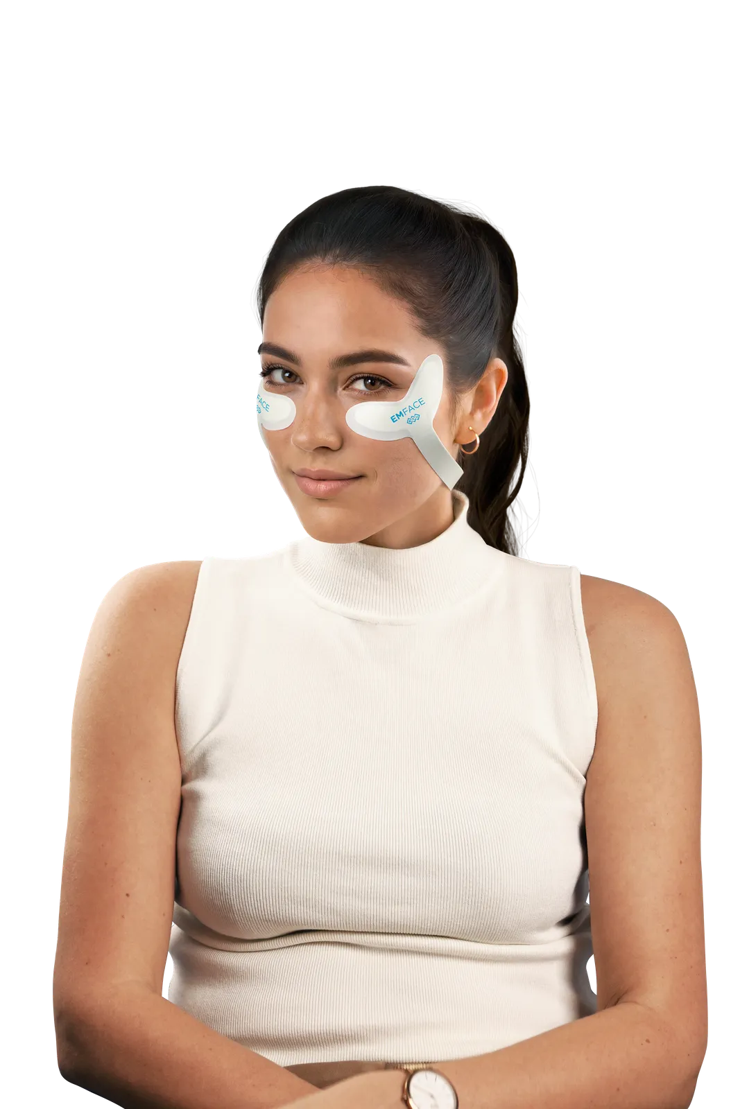 A model wearing EMFACE treatment applicators